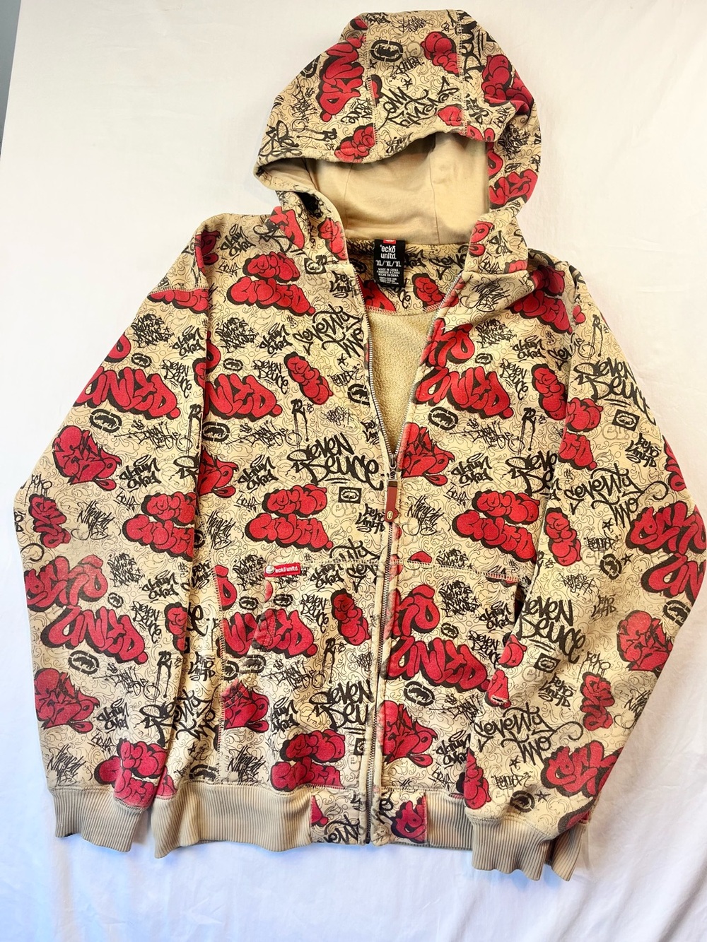 Ecko Unltd Graffiti Zip Hoodie Y2K Streetwear XL Beige Red Full Zip